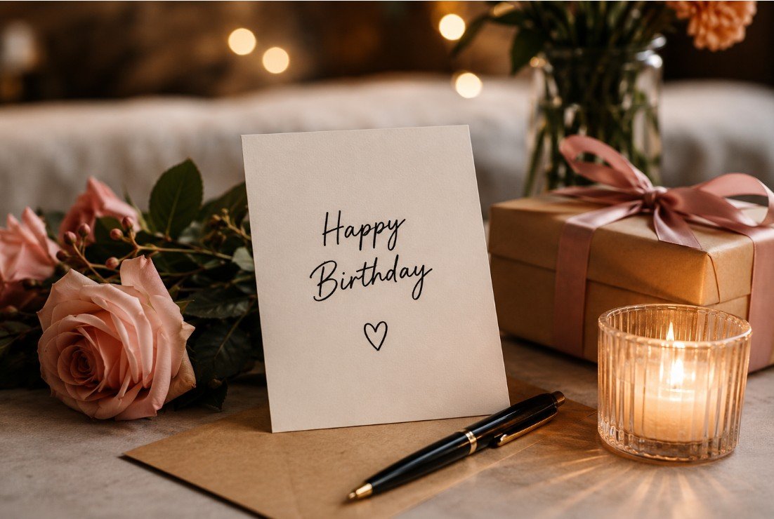 Birthday card with candle, roses, and gift in a warm emotional setting