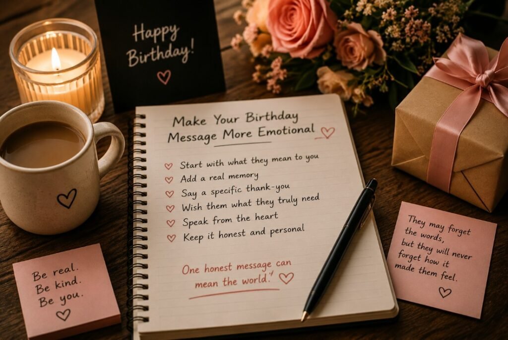 Emotional birthday message writing tips with notebook, card, candle, and gift
