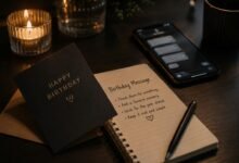 Birthday message notes with card and phone in a dark cozy setting