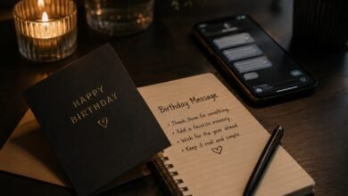How to Make a Birthday Message Sound Sincere 5 Birthday message notes with card and phone in a dark cozy setting