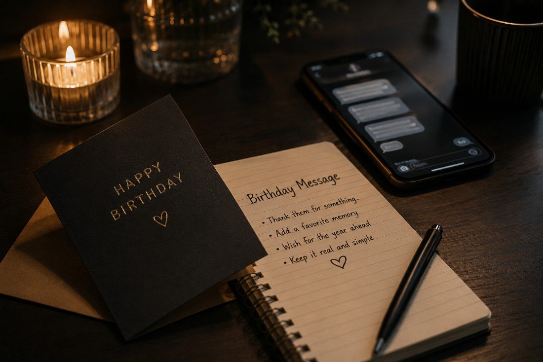 Birthday message notes with card and phone in a dark cozy setting