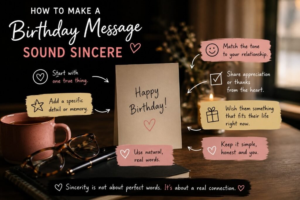 Tips for making a birthday message sound sincere with card and notes
