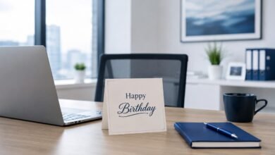 Professional happy birthday card on an office desk with laptop and notebook