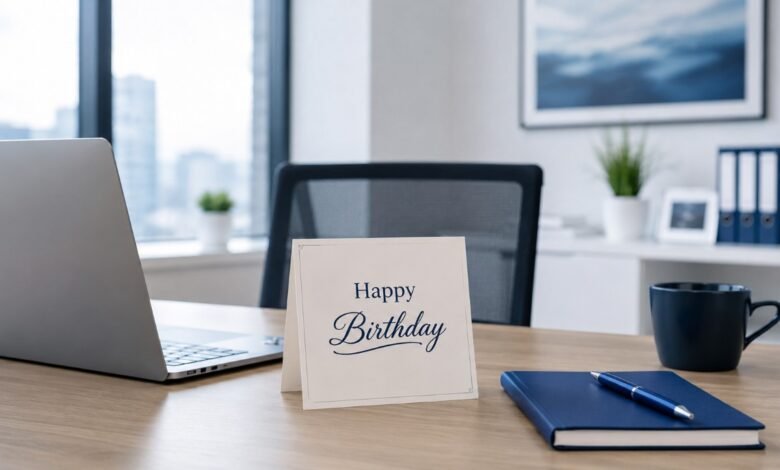 Professional happy birthday card on an office desk with laptop and notebook