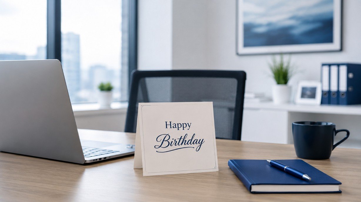 Professional happy birthday card on an office desk with laptop and notebook