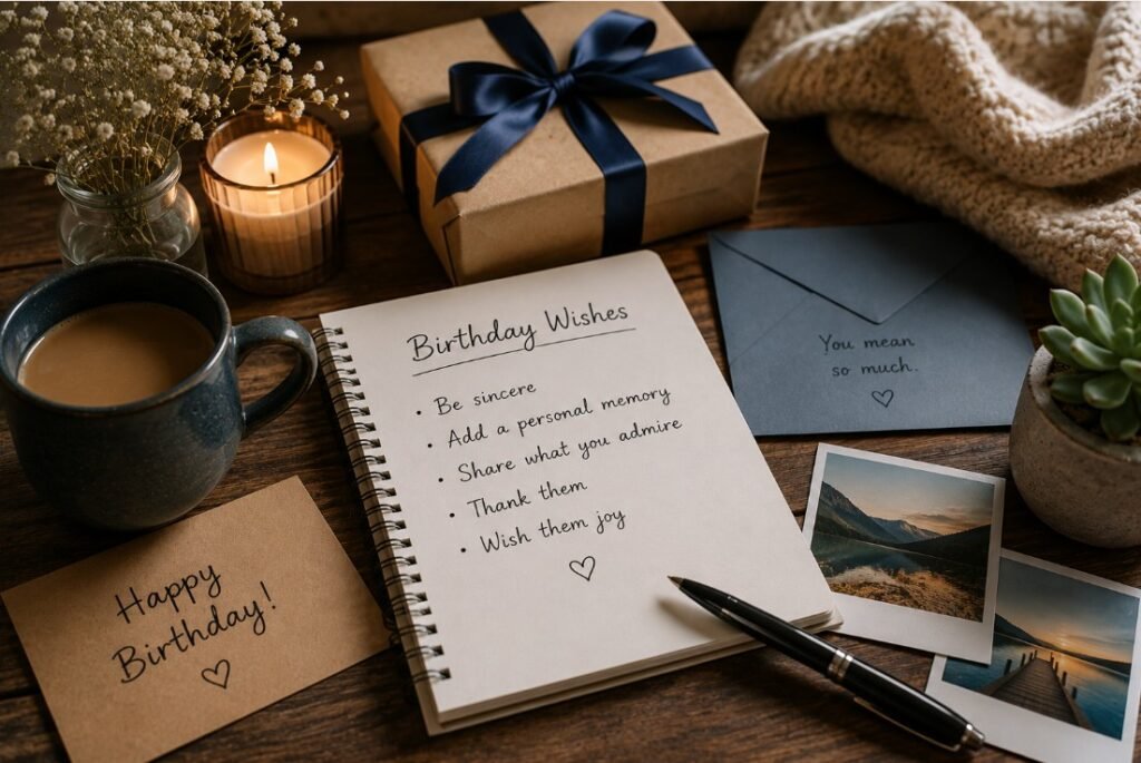 Notebook with heartfelt birthday wish ideas, card, gift, candle, and photos