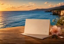 Blank birthday card on wooden table by the ocean at sunset