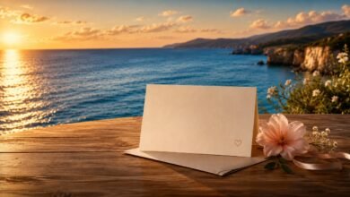 How to Write Heartfelt Birthday Wishes 8 Blank birthday card on wooden table by the ocean at sunset