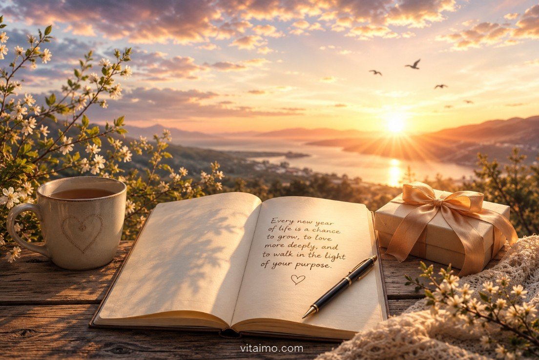Inspirational birthday wishes with a sunrise view, open journal, warm light, flowers, and a wrapped gift