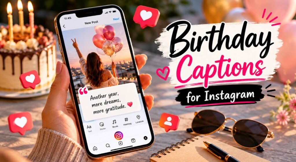 Woman taking a birthday selfie for Instagram with cake, candles and social media icons