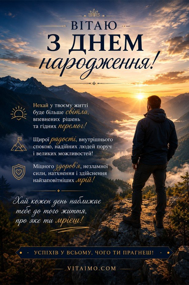 Красива листівка з днем народження чоловіку українською з чоловіком у горах на світанку та побажаннями світла, перемог, здоров’я, сили й здійснення мрій