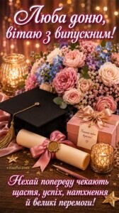 Листівка доньці з випускним з дипломом, квітами та теплим побажанням українською