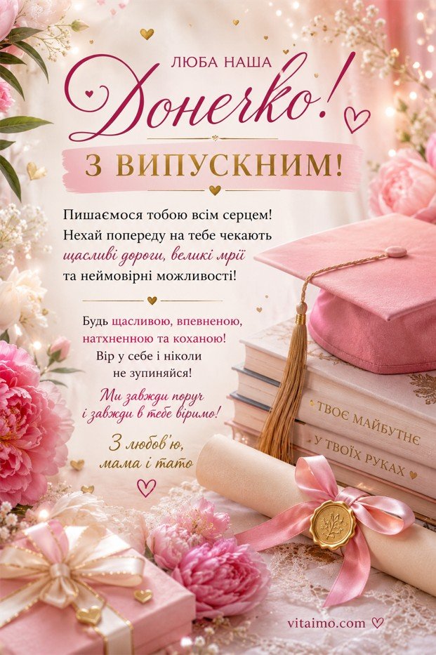 Листівка доньці з випускним від батьків — зворушливе привітання
