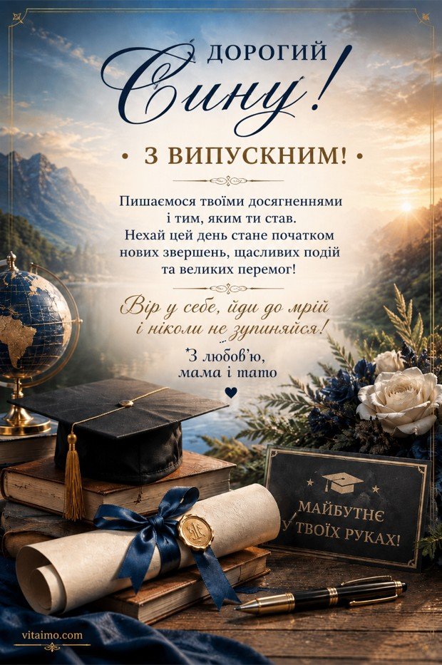 Листівка дорогому сину з випускним від мами і тата