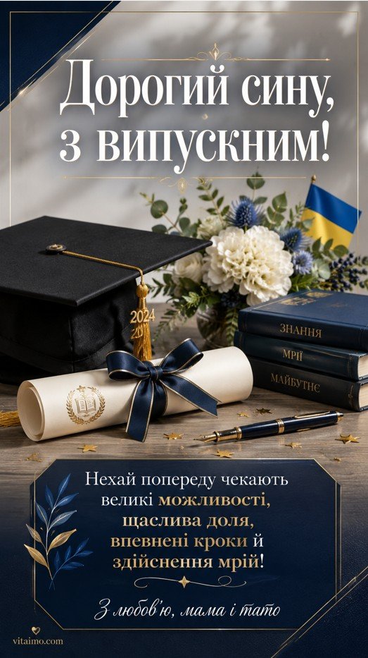 Листівка сину з випускним від батьків — щире привітання українською