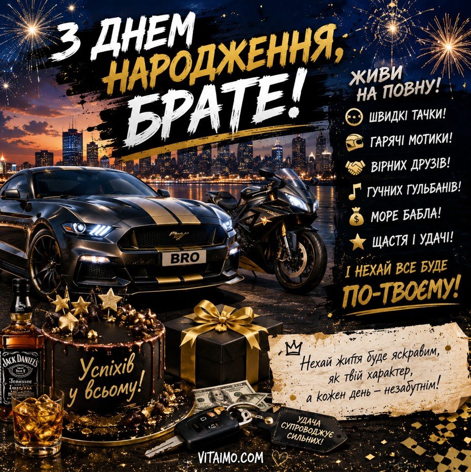 Драйвова листівка з днем народження брату українською з авто, мотоциклом і вечіркою