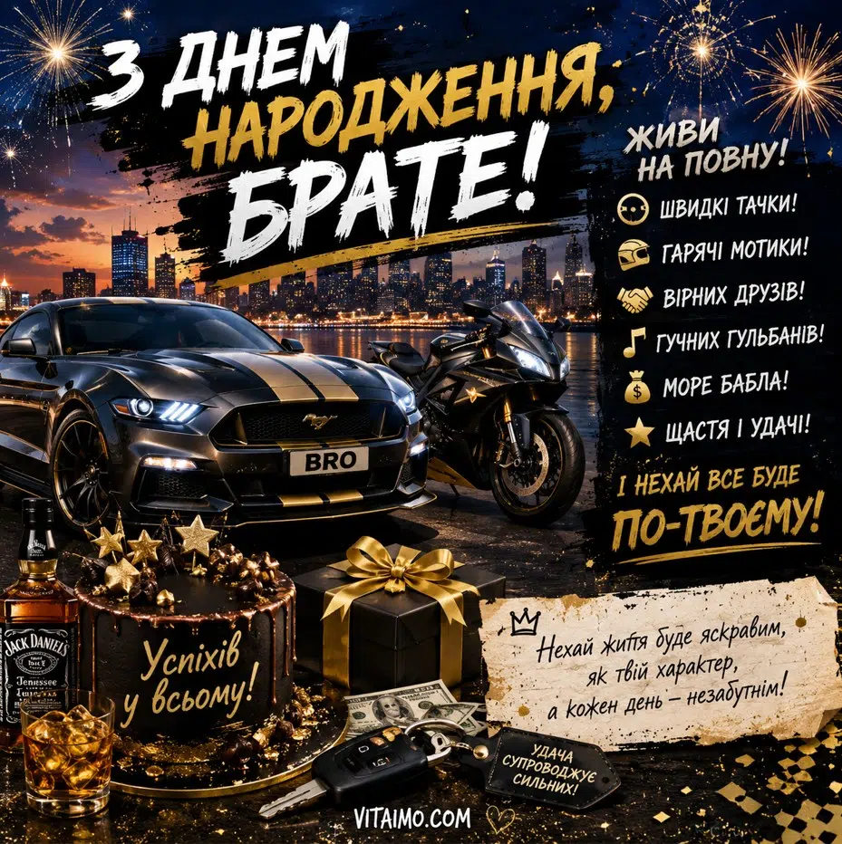 Драйвова листівка з днем народження брату українською з авто, мотоциклом і вечіркою