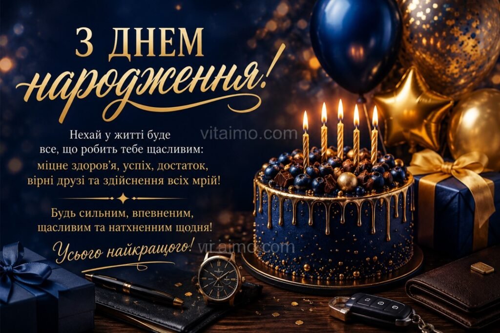 З днем народження: 500+ привітань, побажань і листівок українською 20 Листівка з днем народження чоловіку у синьо-золотому стилі