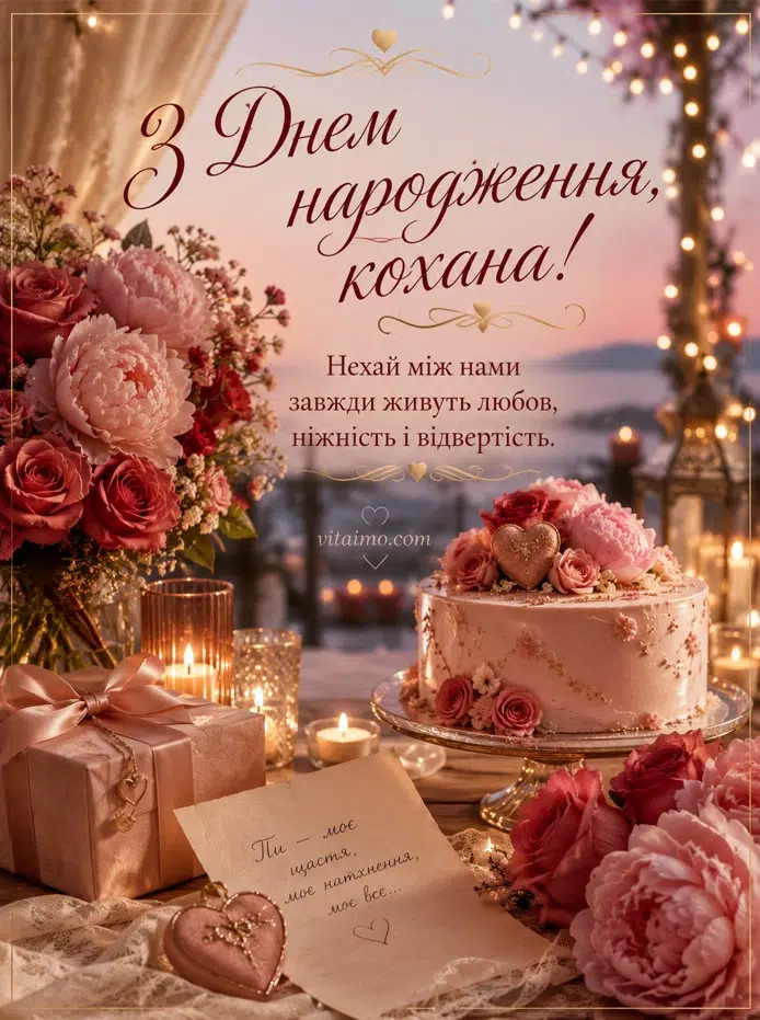 Романтична листівка з днем народження коханій українською — любов, ніжність і відвертість