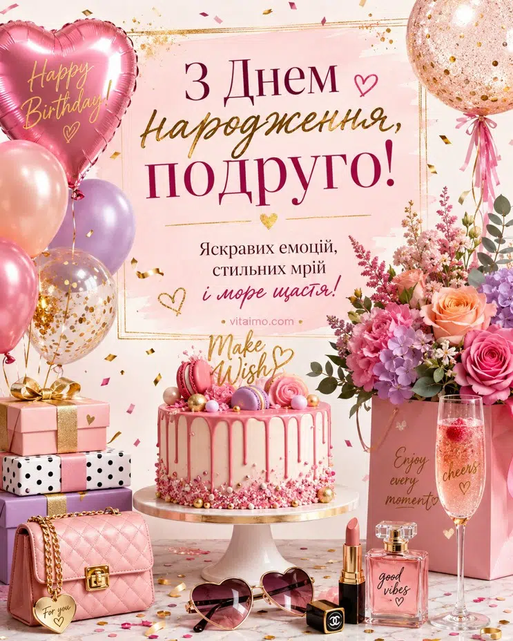 Листівка з днем народження подрузі українською з яскравими емоціями і морем щастя