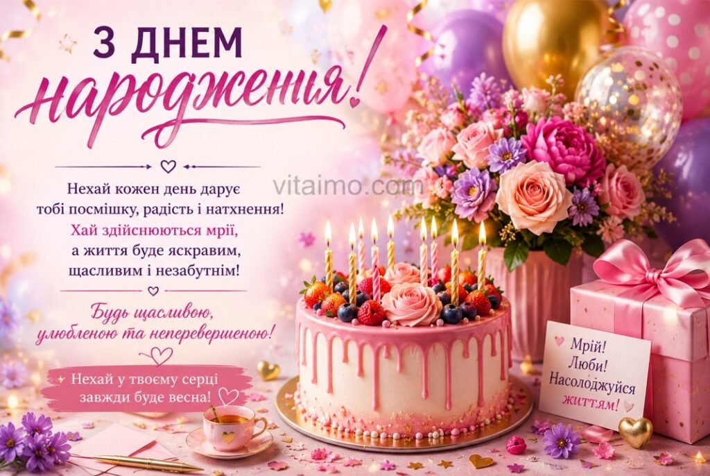З днем народження: 500+ привітань, побажань і листівок українською 28 Листівка з днем народження жінці українською з побажанням усмішок, радості та здійснення мрій