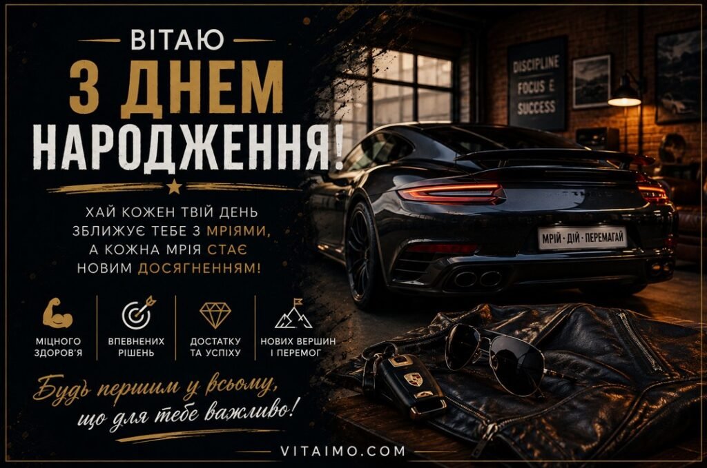 Листівка з днем народження чоловіку українською в стилі авто й гаража з побажаннями мрій, досягнень, здоров’я, впевнених рішень, достатку та перемог