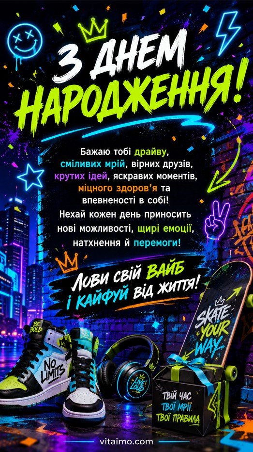 Неонова листівка з днем народження молодому чоловіку українською зі скейтом, кросівками, навушниками, міським вайбом і побажаннями драйву, мрій, здоров’я та перемог
