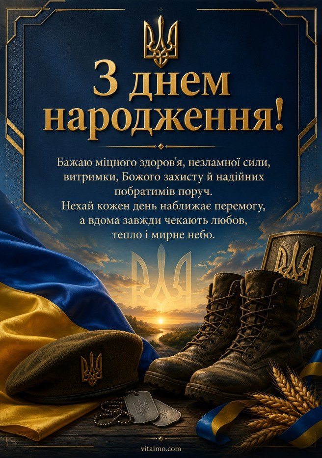 Патріотична листівка з днем народження військовому українською з прапором України, тризубом, беретом, берцями та побажаннями здоров’я, сили, захисту й перемоги