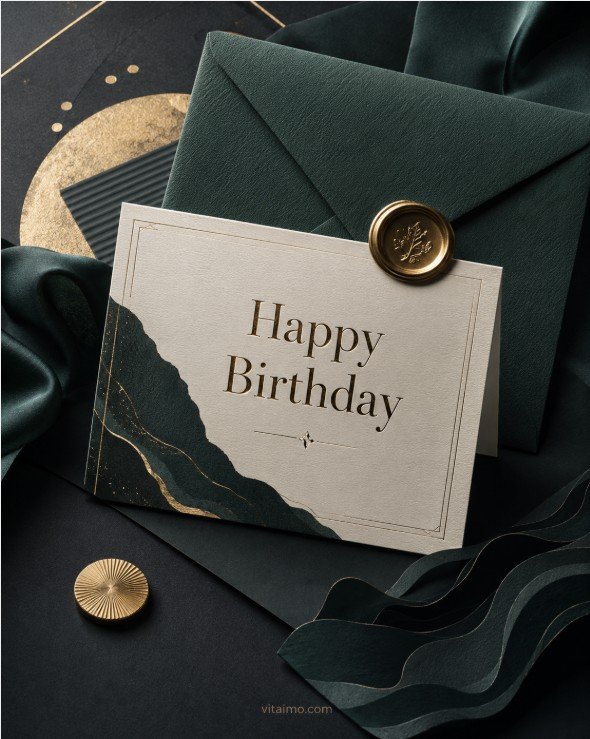 Elegant birthday card for Meaningful Birthday Messages with dark green envelope, gold details, textured paper, and a refined Happy Birthday design.