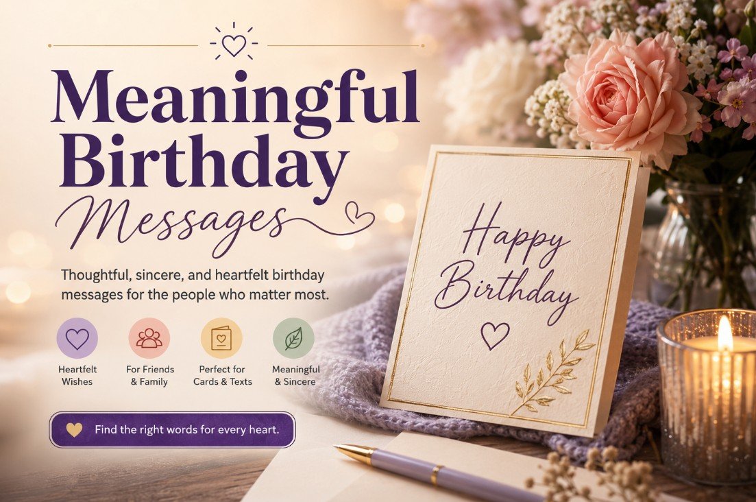 Meaningful Birthday Messages cover with soft flowers, candlelight, birthday card, and a warm thoughtful celebration mood.