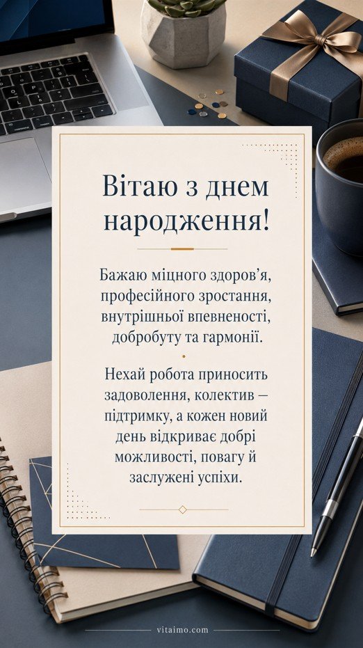Офіційна листівка з днем народження чоловіку-колезі українською в офісному стилі з ноутбуком, кавою, подарунком і побажаннями здоров’я, професійного зростання та успіхів