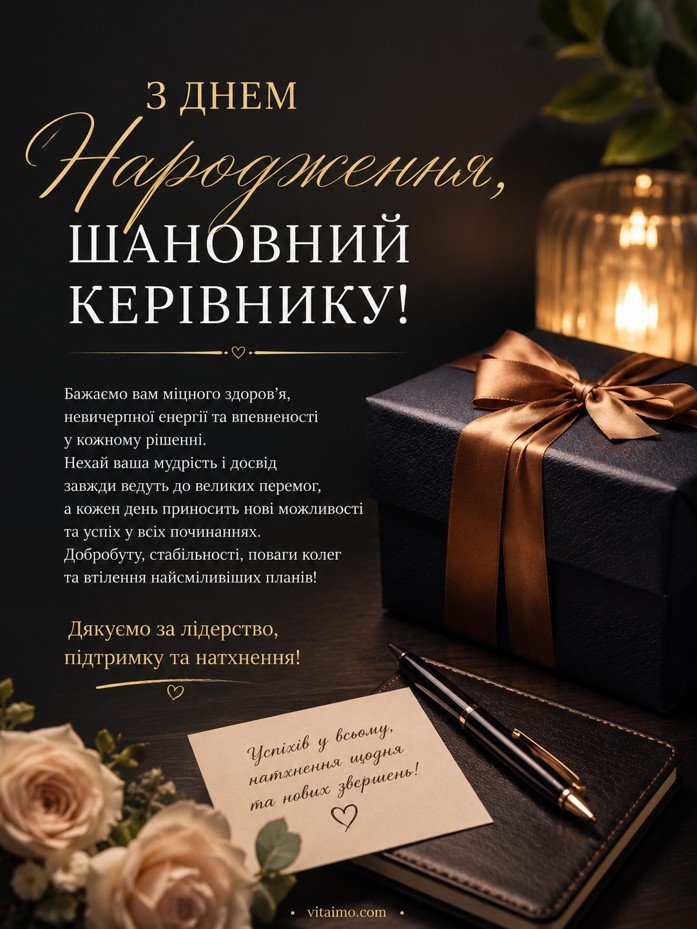 Офіційна листівка з днем народження керівнику українською у стильному темному дизайні з подарунком, записником, квітами та побажаннями здоров’я, мудрості, успіху й поваги