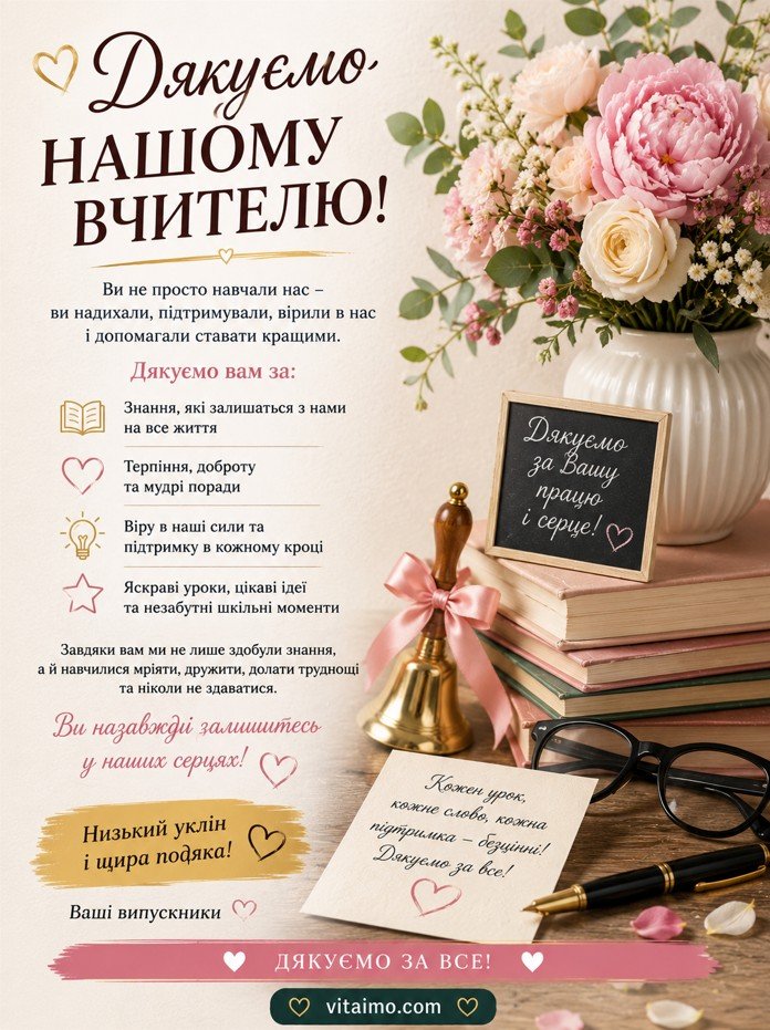 Подяка вчителю на випускний — листівка українською
