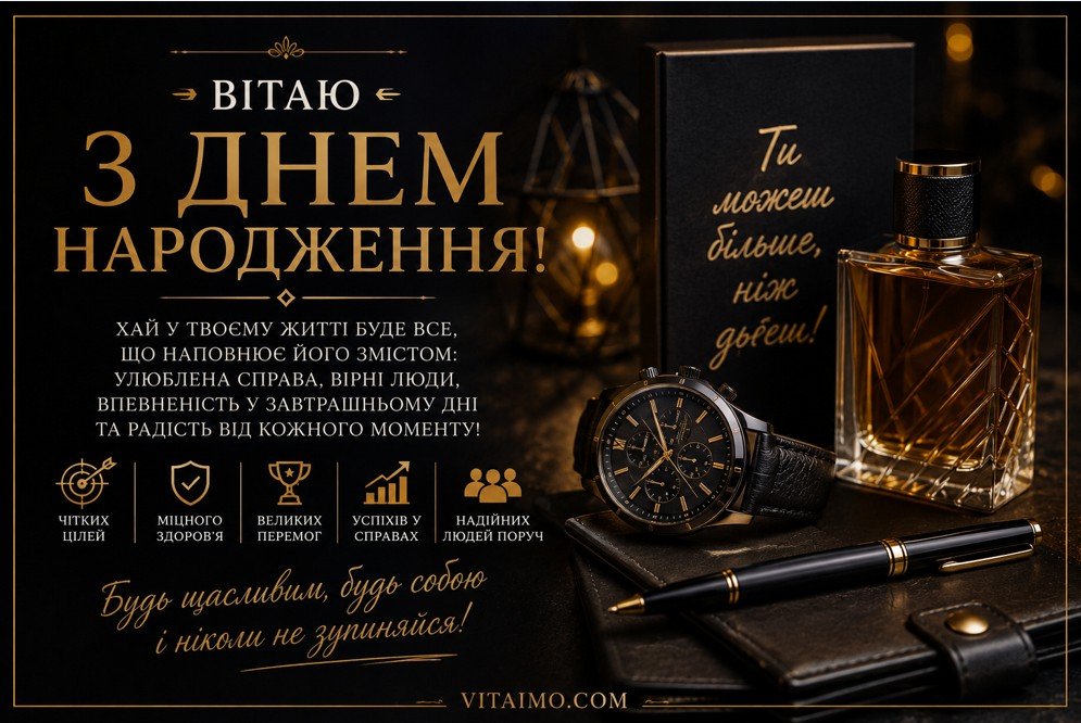 Преміальна листівка з днем народження чоловіку українською у темному стилі з годинником, парфумом, ручкою та побажаннями успіху, здоров’я і великих перемог