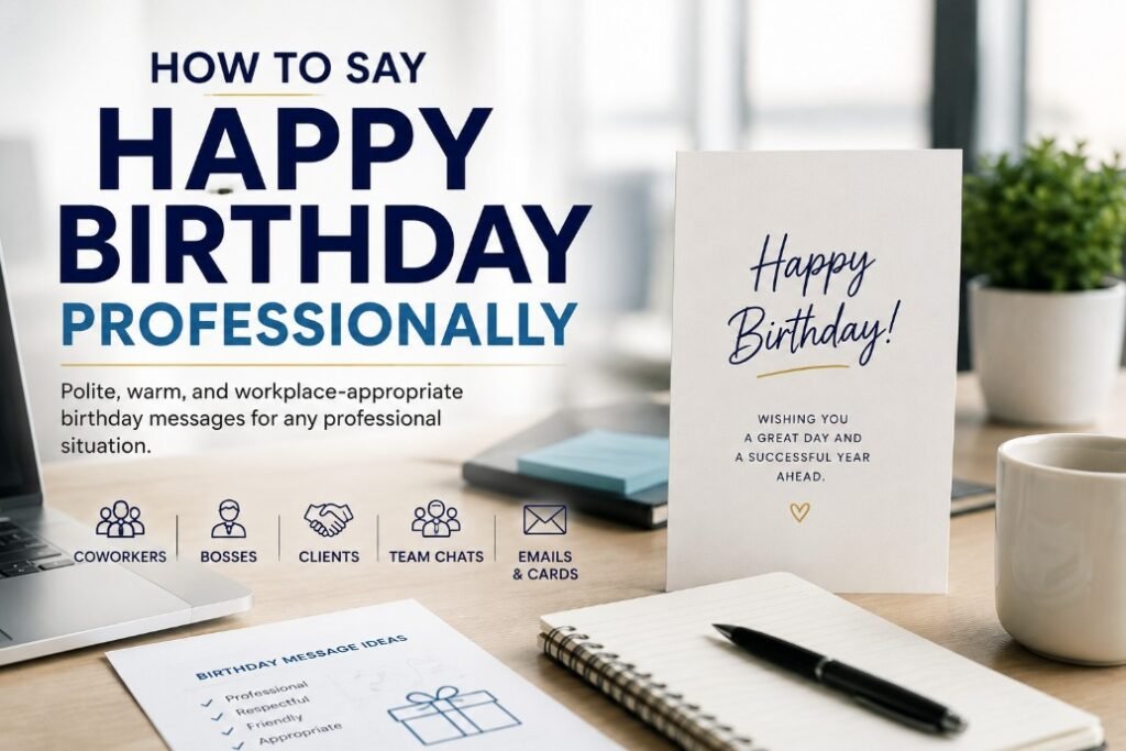 Professional happy birthday message in an office with greeting card, laptop, notebook and business icons