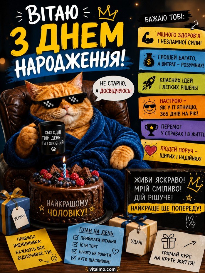 Прикольна листівка з днем народження чоловіку українською з котом у халаті, тортом, подарунками, гумором і побажаннями щастя, здоров’я, грошей та класного життя