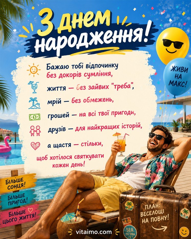 Прикольна листівка з днем народження другу українською з відпочинком біля басейну, морським вайбом, коктейлем, кульками та побажаннями мрій, грошей, пригод і щастя