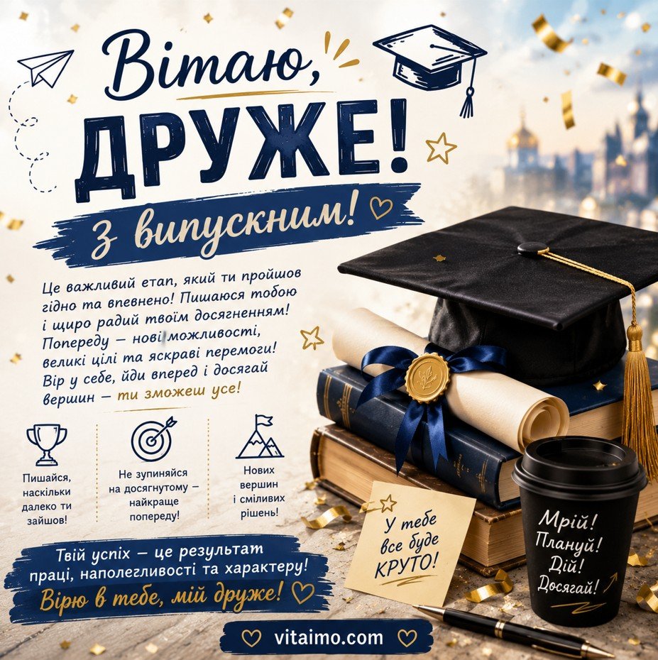 Привітання другу з випускним — святкова листівка українською