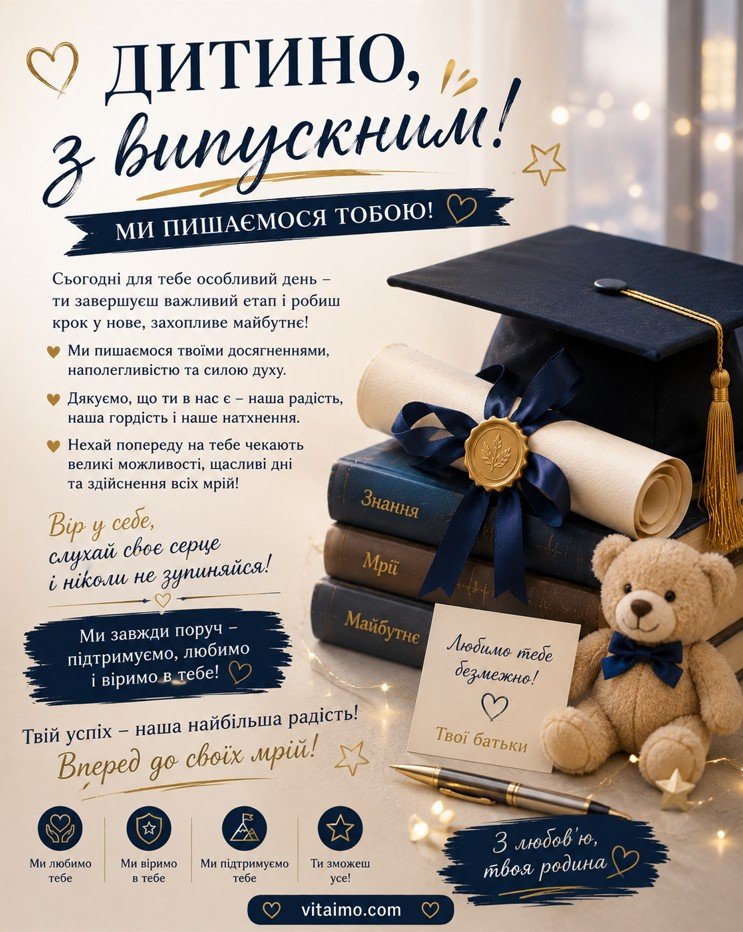 Привітання дитині з випускним від батьків — святкова листівка українською