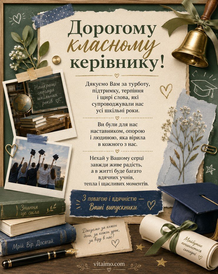 Привітання класному керівнику з випускним — листівка українською