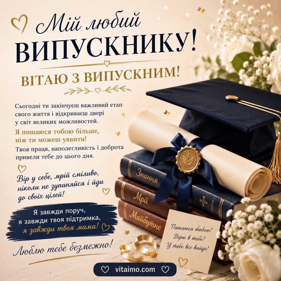 Привітання випускнику від мами — тепла листівка українською