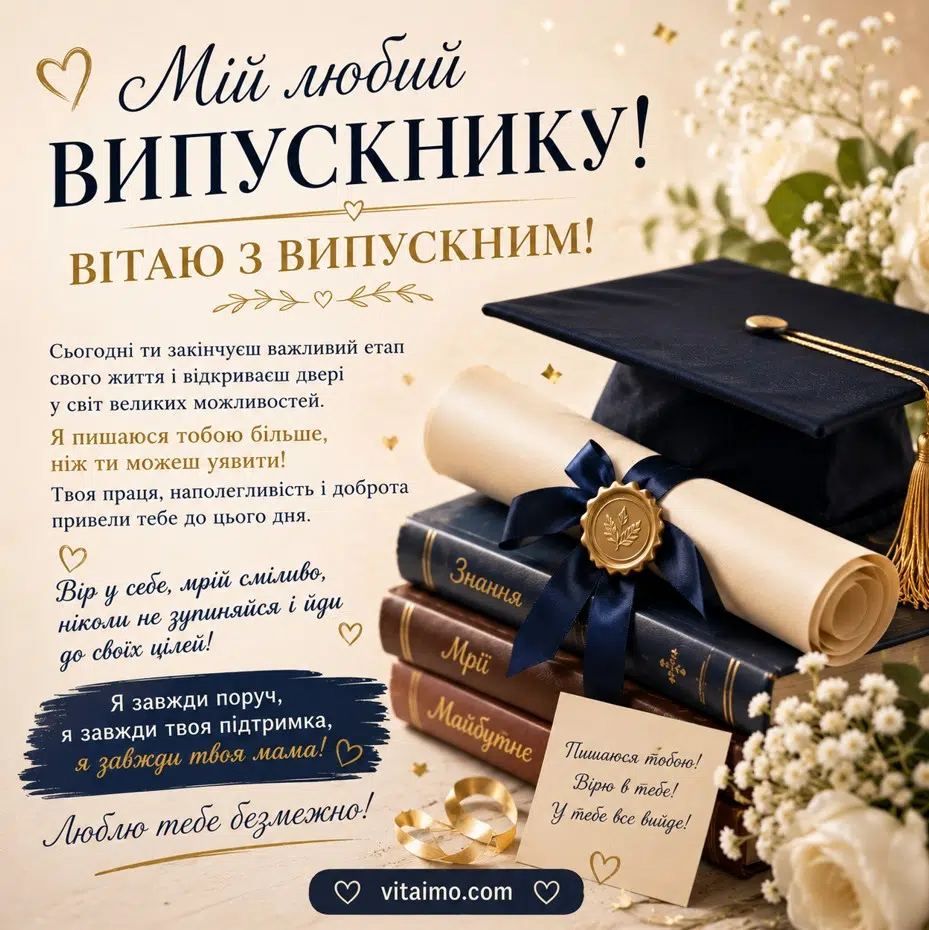 Привітання випускнику від мами — тепла листівка українською