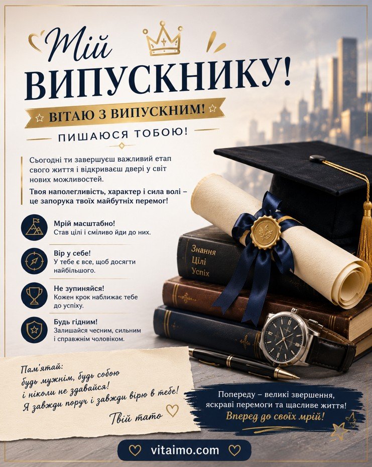 Привітання випускнику від тата — стильна листівка українською