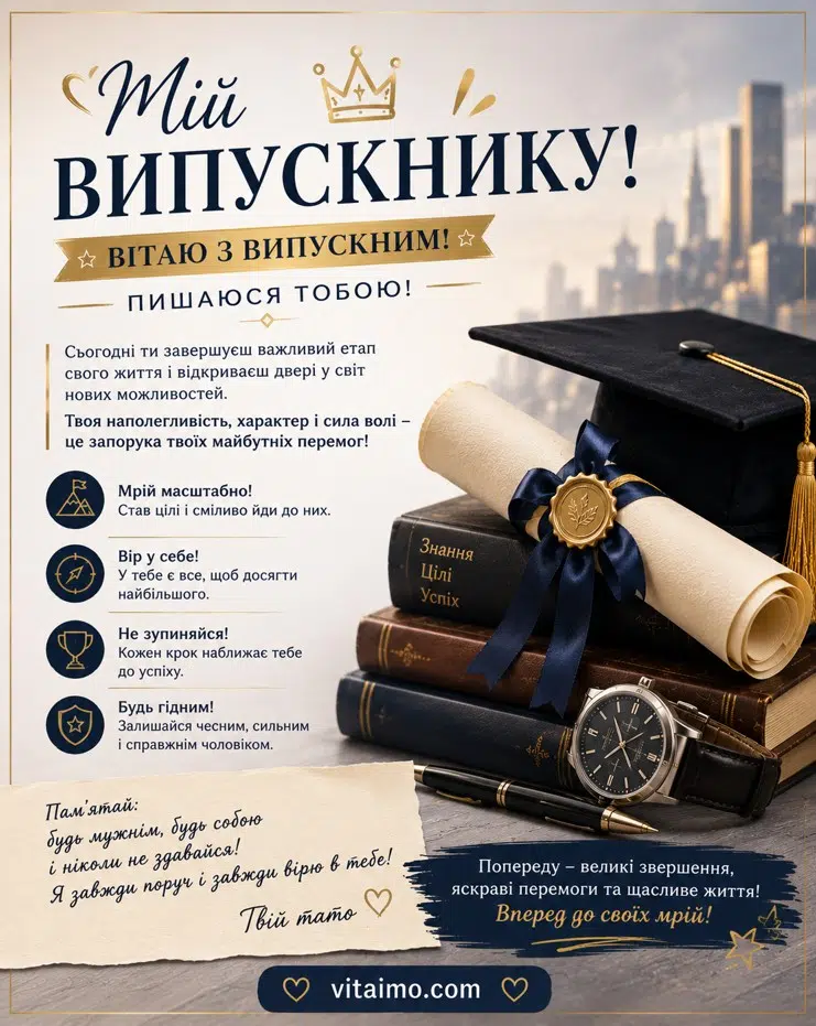 Привітання випускнику від тата — стильна листівка українською