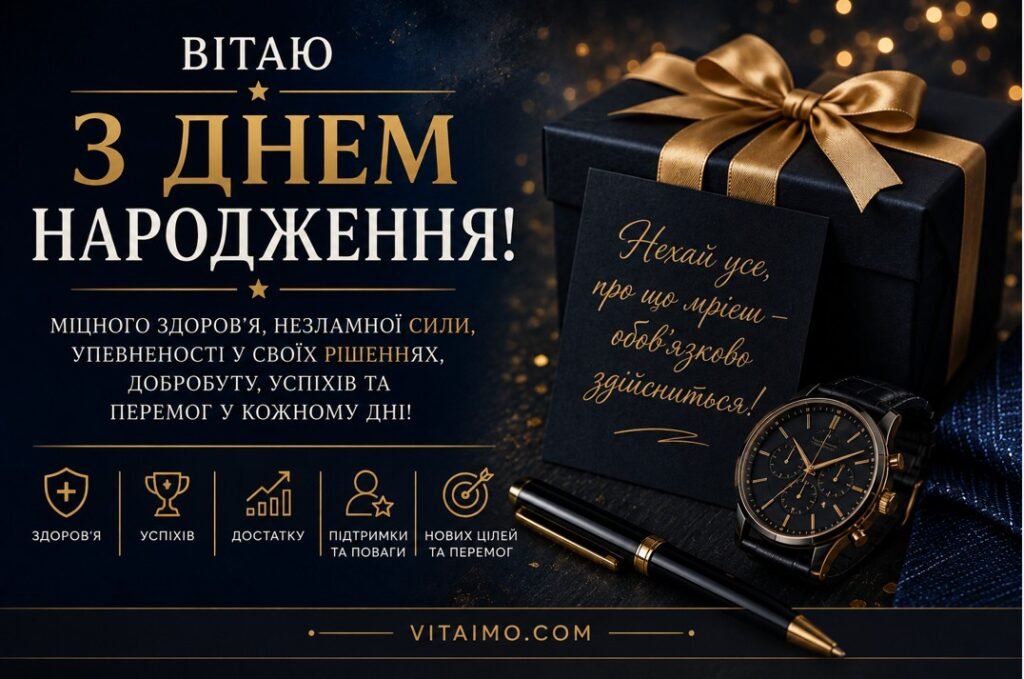 Стильна листівка з днем народження чоловіку українською з побажаннями міцного здоров’я, сили, успіхів, достатку, підтримки та поваги