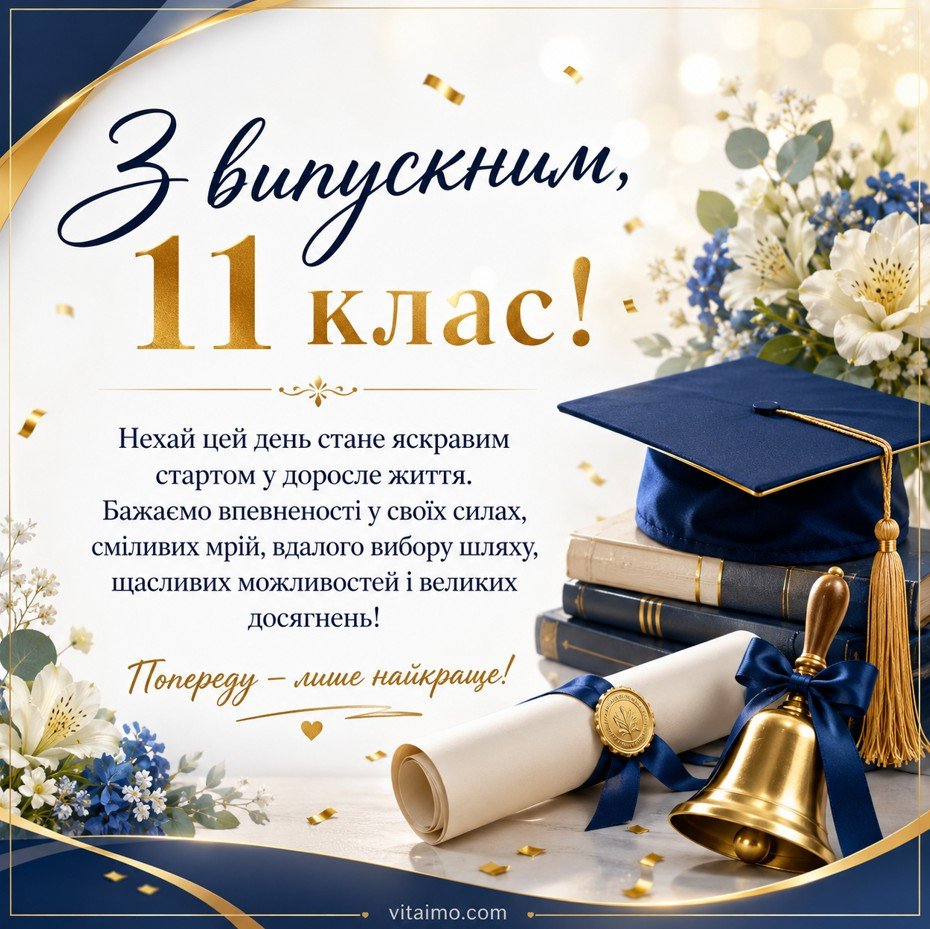 Привітання з випускним 11 класу — святкова листівка українською