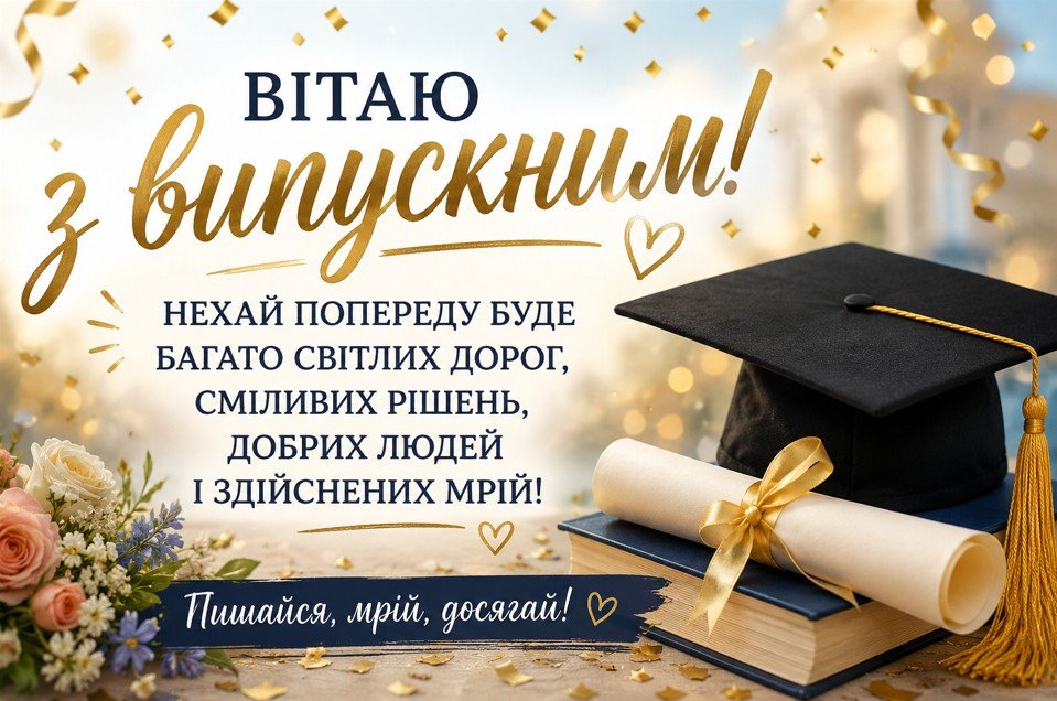 Привітання з випускним в прозі — святкова обкладинка з дипломом і випускною шапочкою