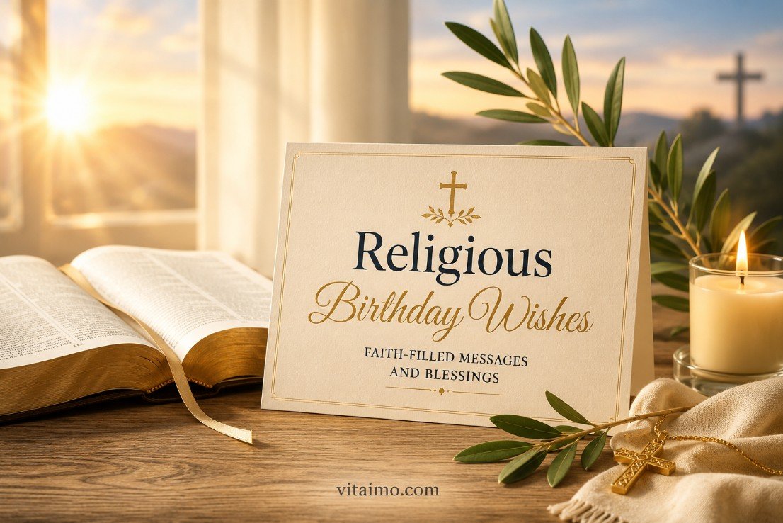 Religious Birthday Wishes cover with open Bible, candle, olive branches, cross pendant and warm morning light