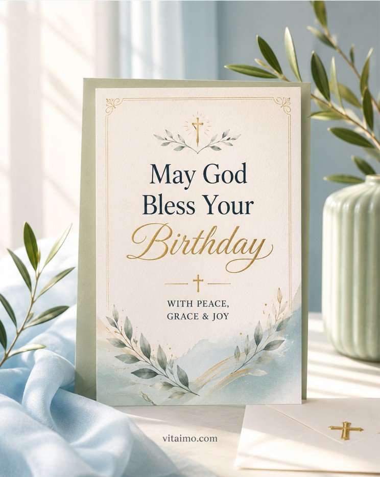 Religious birthday wishes card with May God bless your birthday message, olive leaves, gold cross and soft blue background