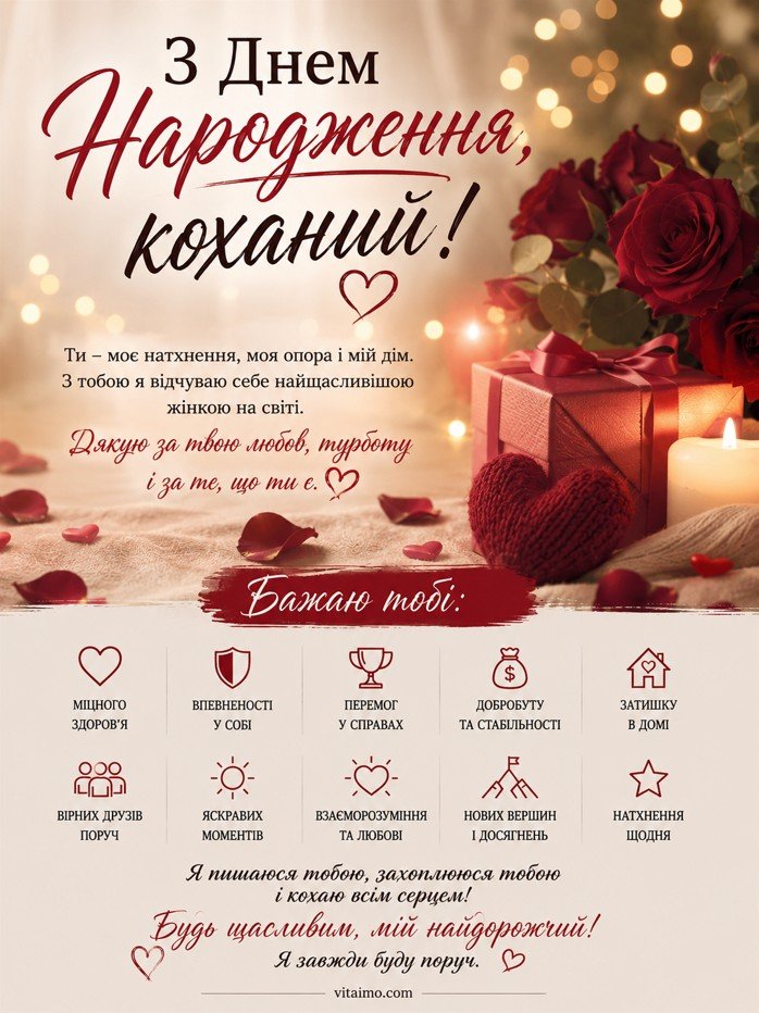 Романтична листівка з днем народження коханому від коханої українською з теплим світлом, свічками, трояндами та побажаннями любові, здоров’я, добробуту й щастя